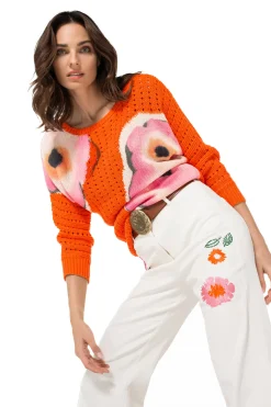 1280-69 / Los Gebreide Lange Pull Met Opdruk