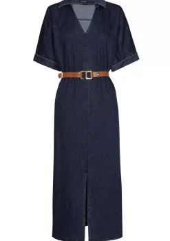 1114-23 / Rechtvallende Midi Jurk In Jeans Met Stretch
